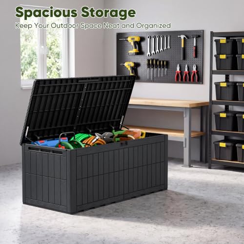 185 Gallon Deck Box Resin Outdoor Storage Box Waterproof (Black / 185 Gallon)