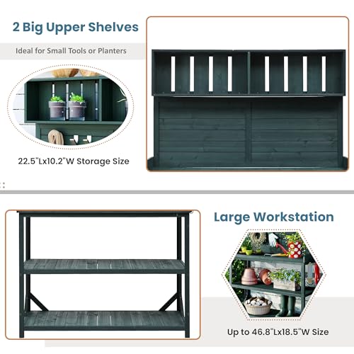 65" Large Wooden Farmhouse Rustic Outdoor Potting Bench Table with 4 Storage Shelves and Side Hook (46.9 inch Length / Forest Green)