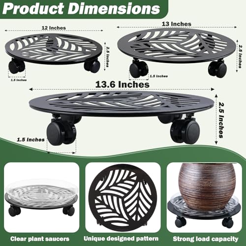 3 Packs Large Metal Plant Caddy with PU Wheels 12" (12"/ 13"/ 13.6")