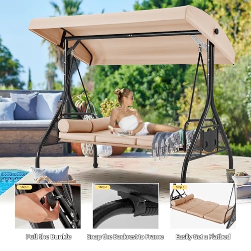 3 Seat Porch Swing with Adjustable Canopy (Khaki)