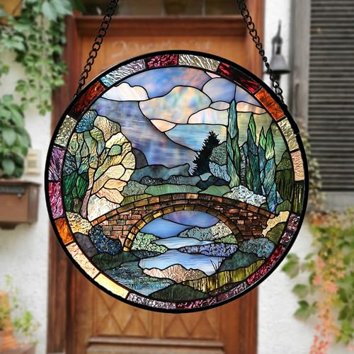 Stained Glass Window Hanging Arch Bridge Suncatcher Gifts for Women 6.3" (Blue Brown / 6.3x6.3 IN)