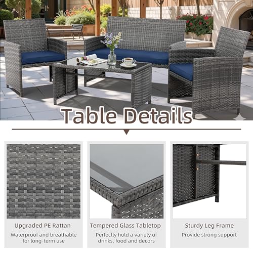 4 Piece Patio Ratten Set Outdoor Furniture Set Wicker Conversation Set with Cushions and Tempered Glass Tabletop (Deep Blue)