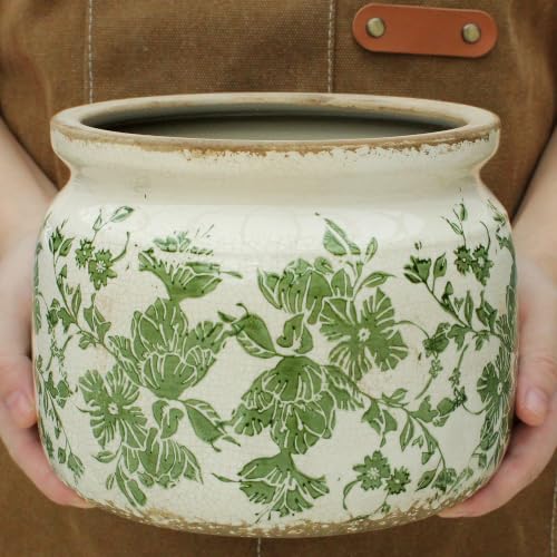 Tuscan Ceramic Planter with Decorative Tray (Classic Green / 7.7 in - w/ Saucer)