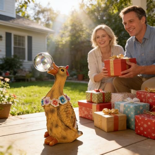 Porch Goose Statue with Solar Bubble Light Garden Yellow Figurine Decor for Yard Lawn Patio Outdoor Decorations Housewarming Gifts for Mom Grandma Women (Yellow Goose)