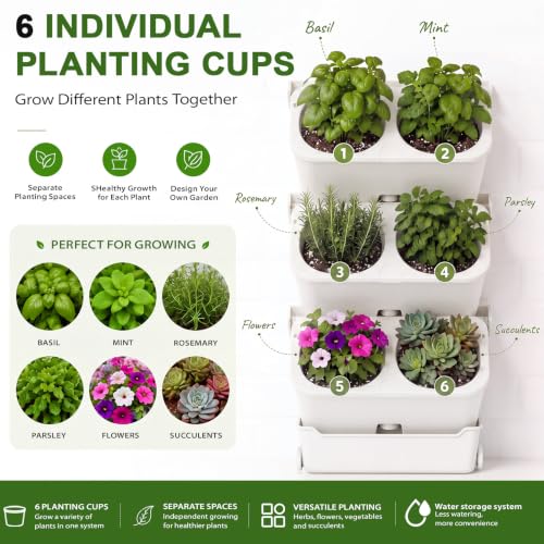 3 Set 6 Pocket Vertical Stackable Wall Planters Kit Outdoor Self Watering Plastic Planter Grow Hang Mount System for Strawberry Flower Vegetable Home Fence Balcony Wall Decor (White)