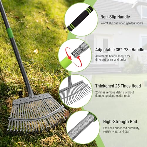 Rakes Small Leaf Rake with 73” Adjustable Long Handle (25 TINE)