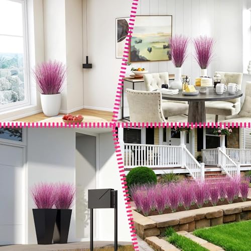 12 Bundles Artificial Grass Plants Outdoor Tall Faux Shrubs Greenery Stems Fake Onion Grasses Wheat UV Resistant for Outside Garden Indoor Office Home Decor（Pink） (Pink / 12Pcs)
