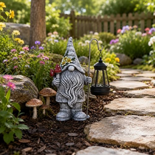 Garden Gnome Statue with Lantern (Mushroom Gnome)