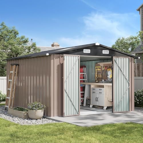 10x12 FT Galvanized Steel Outdoor Storage Shed with Base (Brown / 10'x12')