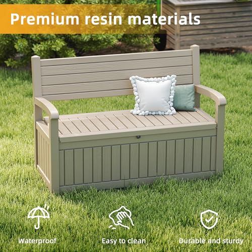 80 Gallon Outdoor Storage Bench Lockable Deck Box Outdoor Storage Box Waterproof for Patio (Grey Srtipe / 80 Gallon)