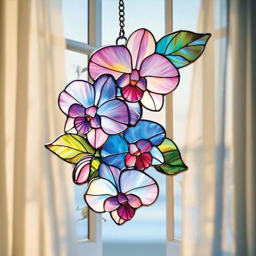 Orchid Flower Acrylic Suncatcher Faux Stained Glass Window Hanging Orchid Lover Gift Yard Kitchen Decor (1-fba-ett-evg-a354-q / 12")