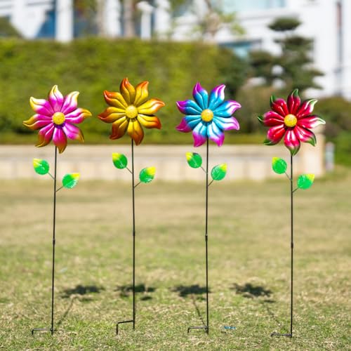 4 Packs Metal Flowers Wind Spinners Outdoor (Flowers-gradient)