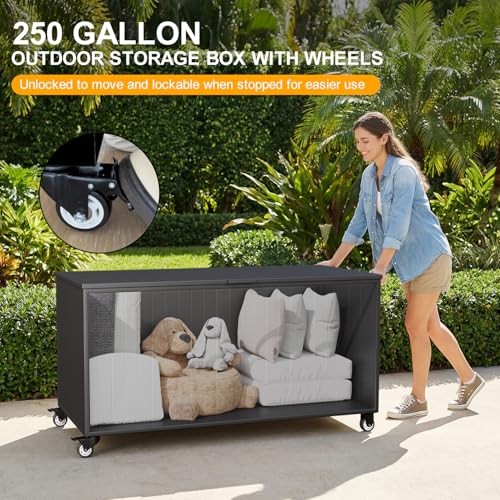 250 Gallon Metal Large Outdoor Deck Box with 4 Wheels (250 Gallon / Black)