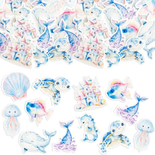 60Pcs Edible Under The Sea Cupcake Topper Edible Starfish Octopus Crab Jellyfish Dolphin Starfish Seahorse Cupcake Picks for Under the Sea Baby Shower Boys Girls Birthday Party Decorations (Red Blue Purple)