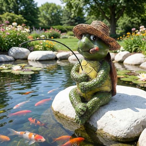 9.5" Turtle Fishing Sculptures & Statues (Green Multi)