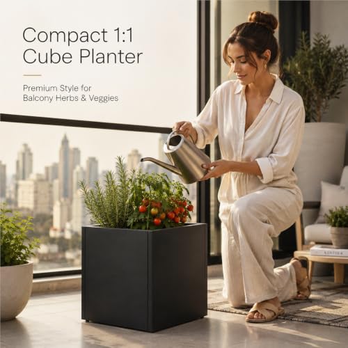 Galvanized Steel Metal Square Planter for Indoor Outdoor 1Set (Black / 13.8"H×13.8"W×13.8"L)