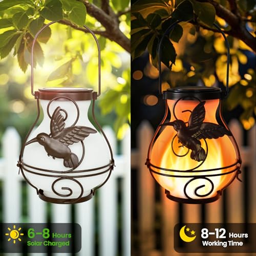 4 Pack Solar Lanterns Outdoor Waterproof Flickering Flame Lights Hummingbird Metal Hanging Solar Lantern Patio Porch Garden Decoration (4 Packs)