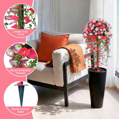 2PCS Fake Topiary Bushes with Pink Morning Glory Flowers (Pink Morning Glory)