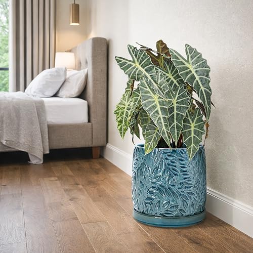 Embossed Leaves Ceramic Planter (10 Inch / Ocean Teal)