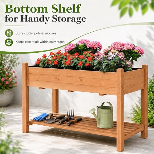 Raised Garden Beds Outdoor with Storage Shelf Fir Wood Planter Raised Beds (Brown / W49.5X D23.5X H30in)