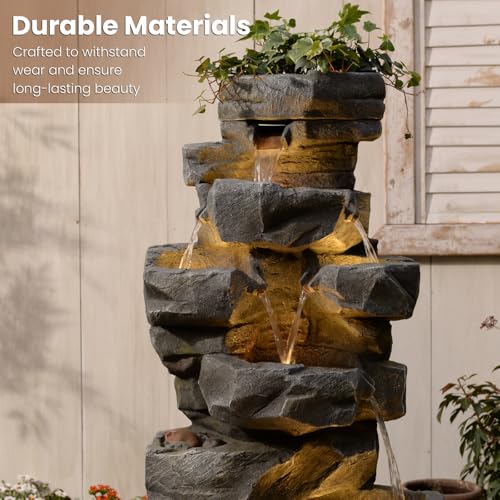 58" H Cascading Realistic Rock Outdoor Water Fountain with 7 Tiers (58H / Gray-3071)