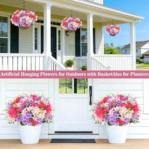 Artificial Faux Hanging Plants Flowers Basket for Outdoors Spring Summer Decoration (Hyacinth Fuchsia Mix)