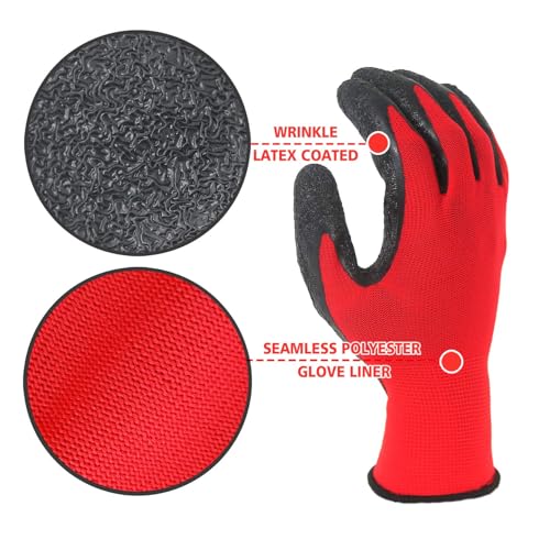 Crinkle Latex Rubber Hand Coated Safety Work Gloves for Men Women General Multi Use Construction Warehouse Gardening Assembly Landscaping (X-Small / Red-120 Pairs)
