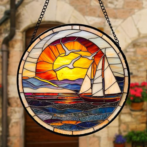 Ocean Sailboat At Sunset Stained Glass Window Hanging Suncatcher Gifts 7.8"