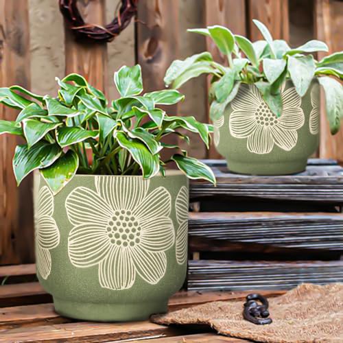 Ceramic Plant Pots (8+6 Inch / Modern Green Floral)