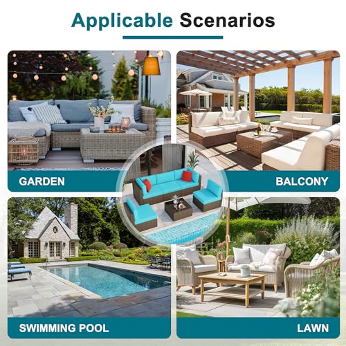 6 Pieces Patio Furniture Set Outdoor Couch Wicker Sectional Sofa (Blue / 6 pcs)