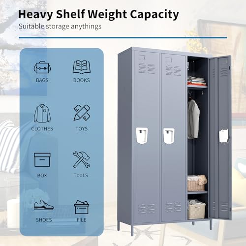 3 Doors Metal Lockers for Employees 71" H Storage Cabinet Lockable Locker with Shelves Steel Storage Locker for Gym School Office Home Requires Assembly (3 doors-72" / Grey)