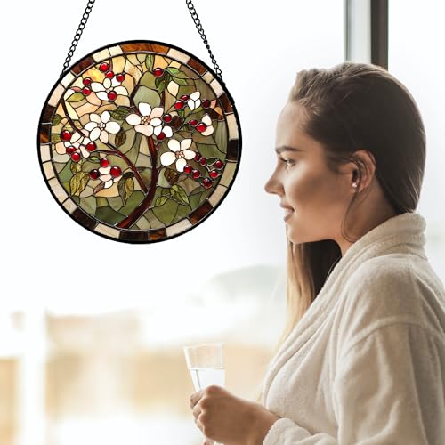 White Flowers Red Berries Stained Glass Window Hanging Suncatcher Gift 6.3" (Brown Green / 6.3x6.3 IN)