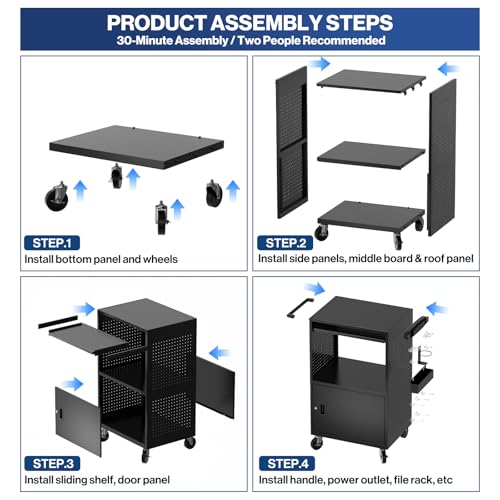 Mobile Steel AV Cart with Pegboard (Large with Side Pegboard)