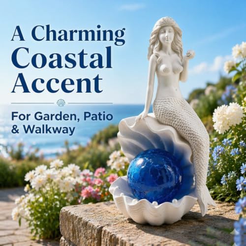 Mermaid Statue Outdoor Decor Garden Statues with Solar Lights (White)