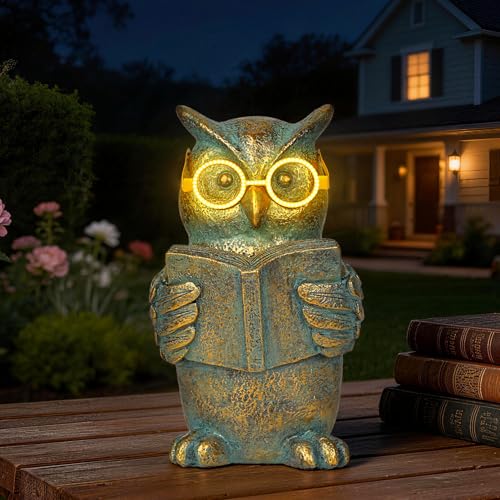 Reading Owl Statue with Solar Glasses Garden Decor Gift for Women (Owl)