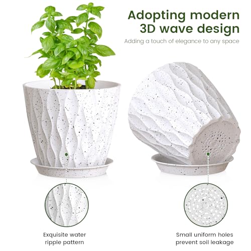 7/6.5/6/5.5/5/4.5/4 inch Plant Pots for Indoor Outdoor Plants, 7 Pack Thick Flower Pots with Drainage Holes and Saucers, Modern Wave Texture Plastic Planters Nursery Pots, Speckled White (White With Black Speckles / 7+6.5+6+5.5+5+4.5+4 inch 7 pieces)