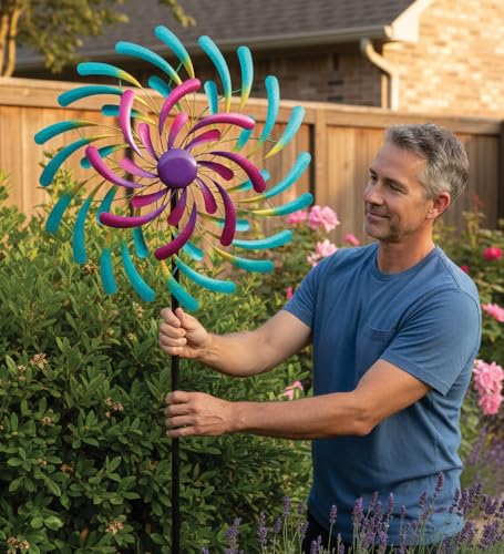 Wind Spinner Outdoor Metal Kinetic Yard Art with Stake (Wave / Large (80-89 Inch))
