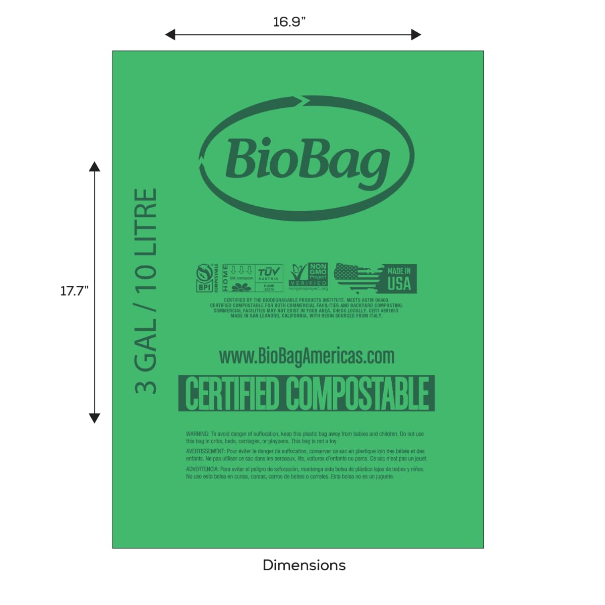 3 Gallon Compostable Food Scrap Bags by BioBag (100 Count)