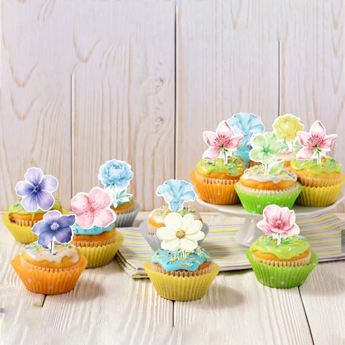 60 PCS Edible Flowers Cupcake Toppers Wafer Paper Daisy Rose Flower Cherry Cupcake Toppers Edible Flowers Cake Decorations for Baby Shower Wedding Birthday Valentine's Day Party Decorations Supplies (Pattern 2)