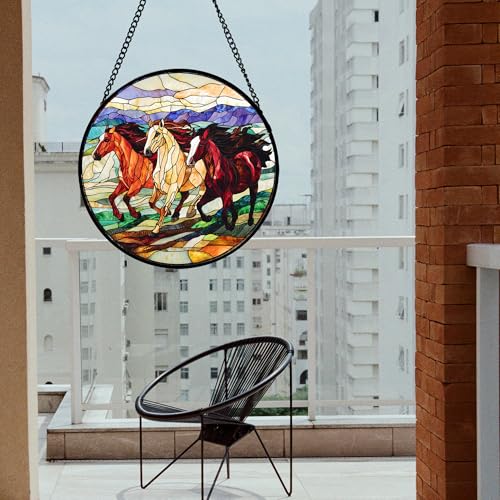 Running Horses Stained Glass Window Hanging Suncatcher Gift for Women 12" (White Brown / 11.8x11.8 IN)