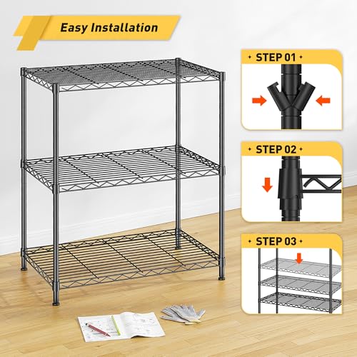 3 Tier 450LBS Adjustable Wire Shelving Unit for Kitchen (Black-24" W x 30" H x 14" D（2P）)