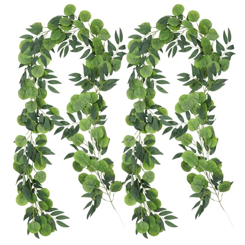Artificial Silk Eucalyptus Vine Garland with Willow Leaves 2P 6Ft (Eucalyptus Leaf Dark Green)