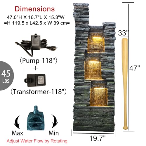 47 in High Water Fountain Outdoor Garden 3 Tier Cascading Large Outdoor Fountains and Waterfalls with LED Lights for Garden (Stone 47 Inch)