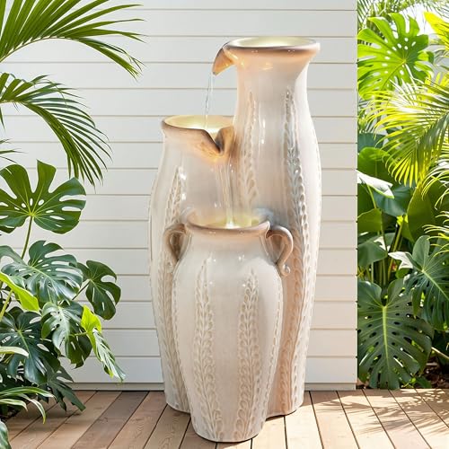 30" Ceramic Vase Water Fountain Outdoor with LED Lights (Beige Glaze Cascading Vase 29.5"h)