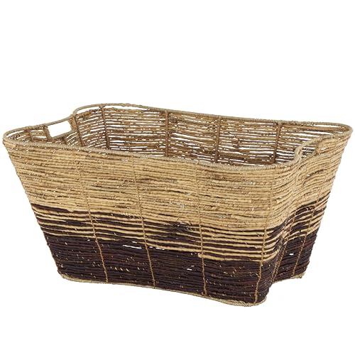 Seagrass Handmade Decorative and Functional Storage Basket Oversized Color Block Basket Organizer with Slot Handles (30" x 20" x 15" / Brown)