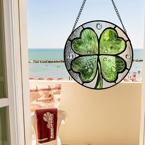 Stained Glass Window Hanging Ireland Lucky Clover Gifts for Women 12"