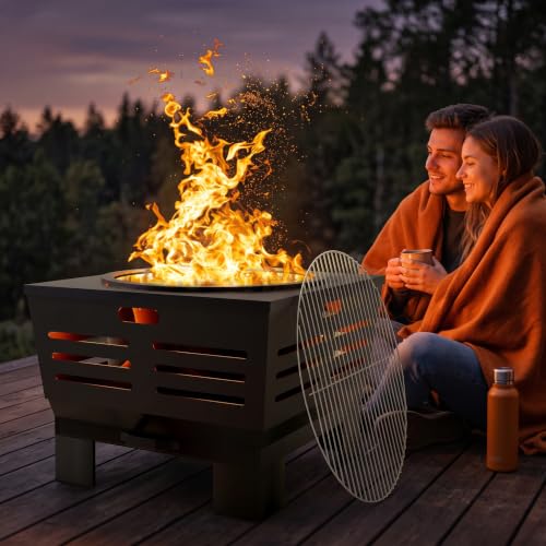 Smokeless Wood Fire Pit with BBQ Grill for Camping & Backyard (Country Rustic)