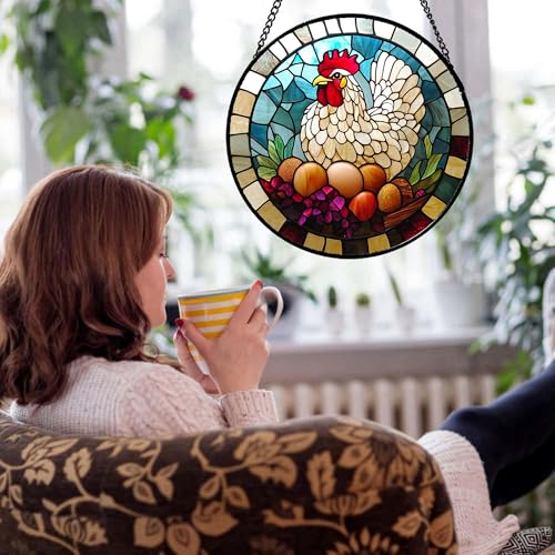 Farmhouse Hen Stained Glass Window Hanging Suncatcher Gifts for Women 12" (White / 11.8x11.8 IN)