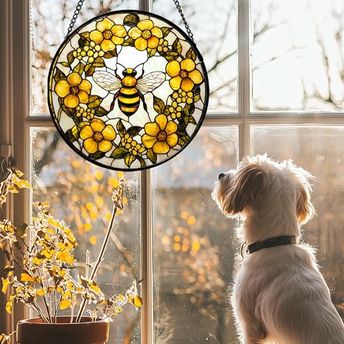 Bee Wreath Stained Glass Window Hanging Suncatcher Gifts for Women 6.3" (Yellow and White / 6.3x6.3 IN)