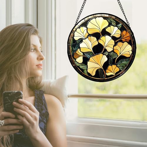 Ginkgo Leaves Stained Glass Window Hanging Suncatcher Gifts for Women 12"